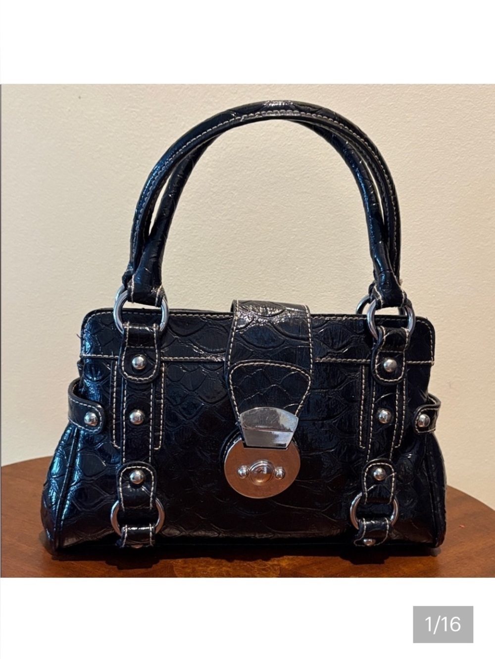 Bisou Bisou satchel black patent PVC croc embossed heavy Silvertone HW EUC